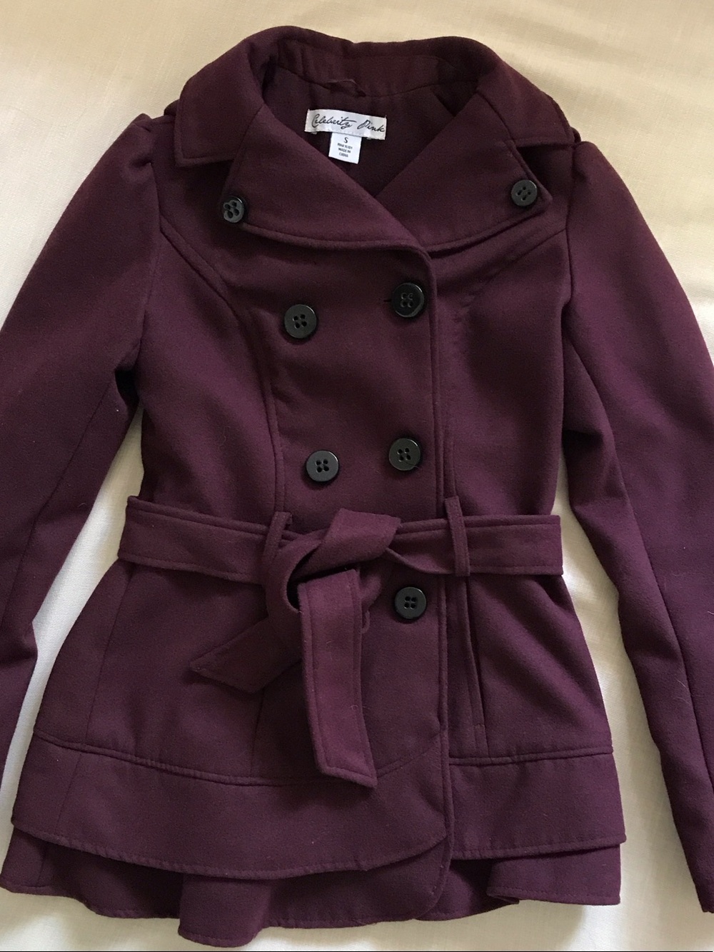 Celebrity Pink Maroon Hooded Ruffle Pea Coat Double Breasted Small